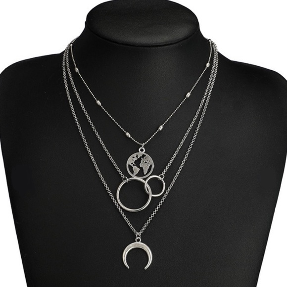 Silver Layered Map Crecent Necklace - Picture 4 of 6